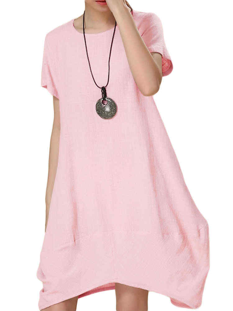 Loose-Women-Summer-Solid-Irregular-Cotton-Linen-Lantern-Dress-1045634