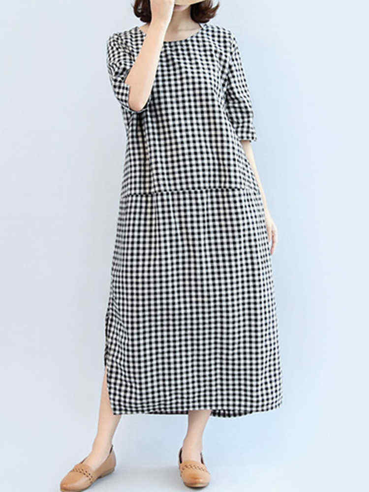 M-5XL-Casual-Women-Black-and-White-Plaid-Dress-1247091