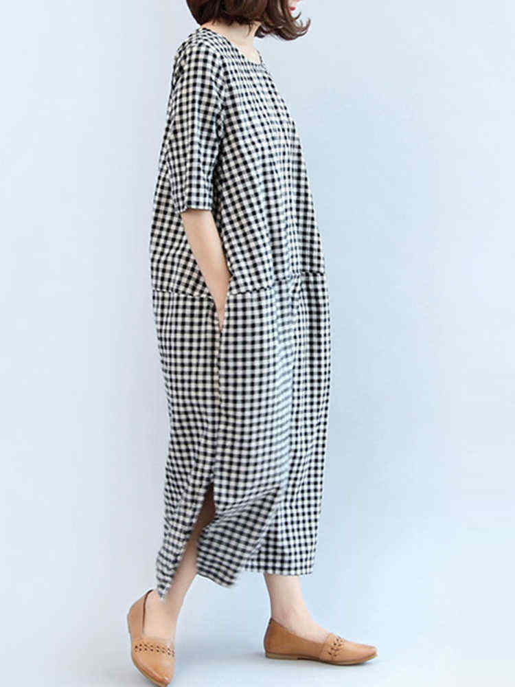 M-5XL-Casual-Women-Black-and-White-Plaid-Dress-1247091