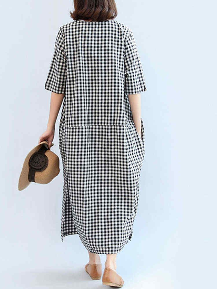 M-5XL-Casual-Women-Black-and-White-Plaid-Dress-1247091