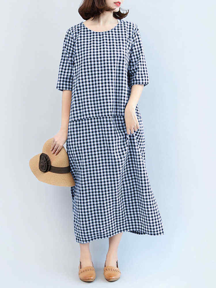 M-5XL-Casual-Women-Black-and-White-Plaid-Dress-1247091