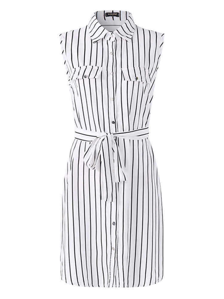 M-5XL-Sleeveless-Stripe-Turn-down-Collar-Tops-Mini-Dress-1401055