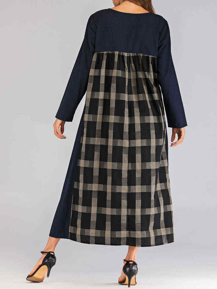 Women-O-neck-Long-Sleeve-Plaid-Patchwork-Dress-with-Pockets-1442911