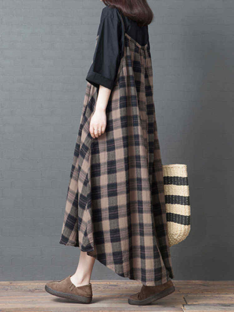 Women-Vintage-Plaid-Straps-Pockets-High-Low-Hem-Dress-1442362