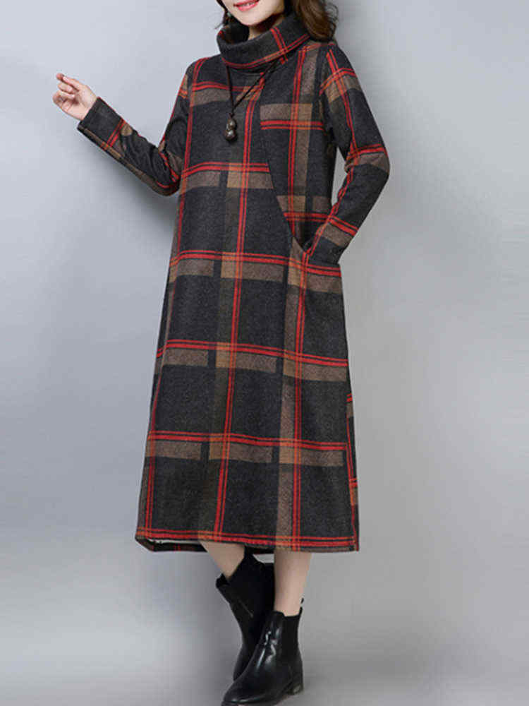 Women-Vintage-Plaid-Turtleneck-Long-Sleeve-Dress-with-Pocket-1379429