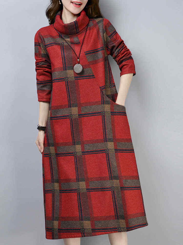 Women-Vintage-Plaid-Turtleneck-Long-Sleeve-Dress-with-Pocket-1379429