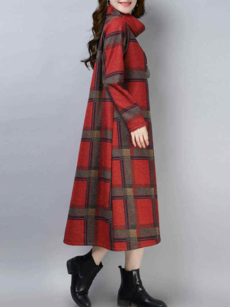 Women-Vintage-Plaid-Turtleneck-Long-Sleeve-Dress-with-Pocket-1379429