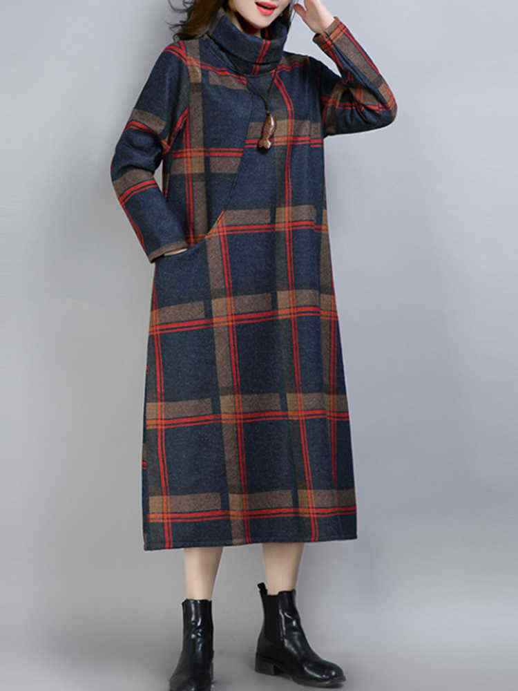 Women-Vintage-Plaid-Turtleneck-Long-Sleeve-Dress-with-Pocket-1379429